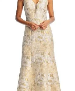 Aidan Mattox - MD1E202493 Floral Metallic Jacquard Deep V-neck Dress Formal Gowns