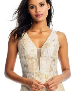 Aidan Mattox - MD1E202493 Floral Metallic Jacquard Deep V-neck Dress Formal Gowns 14 Aidan Mattox - MD1E202493 Floral Metallic Jacquard Deep V-neck Dress Formal Gowns