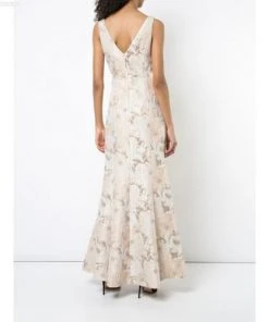 Aidan Mattox - MD1E202493 Floral Metallic Jacquard Deep V-neck Dress Formal Gowns