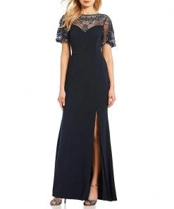 Aidan Mattox - MD1E203616 Beaded Neckline Slit Column Gown Formal Gowns