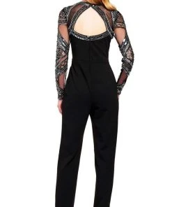 Long Dresses Aidan Mattox - MD1E204888 Bedazzled Long Sleeves Jewel Neck Jumpsuit