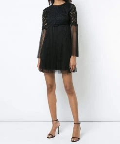 Aidan Mattox - MN1E202454 Floral Lace Long Sleeve Pleated A-line Dress Cocktail Dresses
