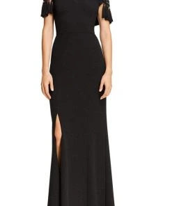 Formal Gowns Aidan Mattox - Off-Shoulder Tassel Sleeves Evening Gown MD1E203104 - 1 Pc Black In Size 14 Available