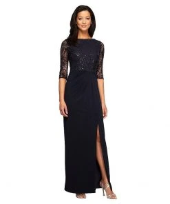 Formal Gowns Alex Evenings - 2121457 Sequined Lace Bateau Evening Dress In Deep Navy