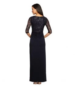 Formal Gowns Alex Evenings - 2121457 Sequined Lace Bateau Evening Dress In Deep Navy