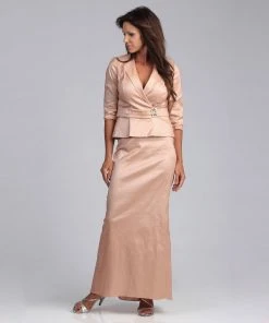Alex Evenings - 366147 Quarter Sleeve Brooch Accented Taffeta Set - 2 Pcs Apricot In Size L And XL Available Formal Gowns