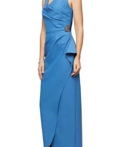 Formal Gowns Alex Evenings - Draped Brooch Ornate Dress 134200 - 1 Pc Sky Blue In Size 8 Available