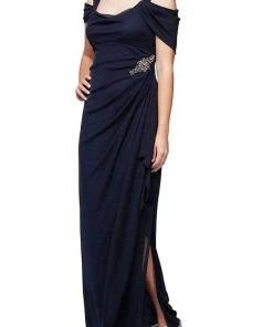 Formal Gowns Alex Evenings - Draped Cold Shoulder Evening Dress 232902 - 1 Pc Navy In Size 14P And 1 Pc Wine In Size 16P Available