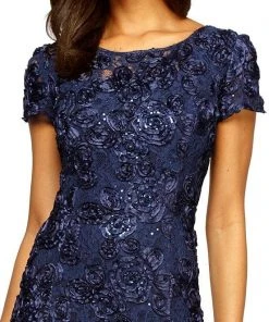 Alex Evenings - Rosette Lace Sequin Short Sleeve A-Line Gown 212788 - 1 Pc Navy In Size 12P Available Formal Gowns