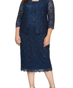 Alex Evenings - Scalloped Lace Tea Length Dress 412264 - 1 Pc Navy In Size 22W Available Cocktail Dresses
