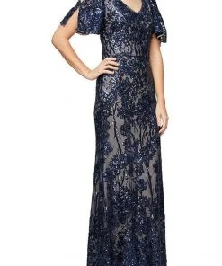 Alex Evenings - V-Neck Floral Sequin Formal Gown 8196611 - 1 Pc Navy Nude In Size 6 Available