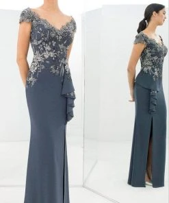 Alexander By Daymor - Floral Embroidered Evening Gown 1392 - 1 Pc Graphite In Size 16 Available