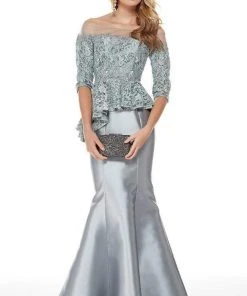 Formal Gowns Alyce Paris - 27002 Illusion Off-Shoulder Lace Top Mikado Trumpet Dress - 1 Pc Storm Grey In Size 18 Available