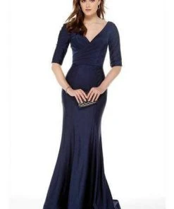 Alyce Paris - 27016 Half Sleeves V Neck Mermaid Evening Dress - 1 Pc Navy In Size 14 Available Formal Gowns