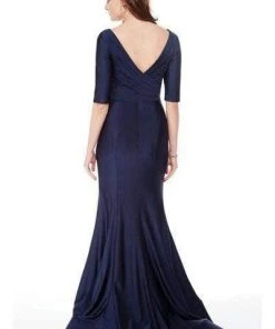 Alyce Paris - 27016 Half Sleeves V Neck Mermaid Evening Dress - 1 Pc Navy In Size 14 Available Formal Gowns