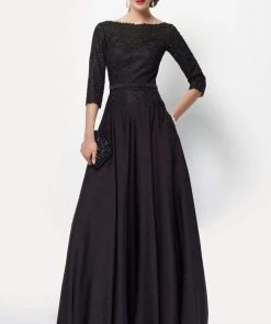 Alyce Paris - 27099 Quarter Sleeved Bateau Neckline Crepe Lace A-Line Dress