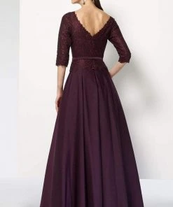 Alyce Paris - 27099 Quarter Sleeved Bateau Neckline Crepe Lace A-Line Dress