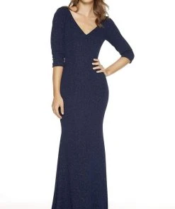 Formal Gowns Alyce Paris - 27377 V-Neck And Back Long Glitter Jersey Dress - 2 Pcs Midnight In Size 10 And 12 Available