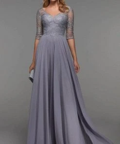 Alyce Paris - 27475 Embroidered V-neck Long Dress - 1 Pc Grey In Size 16 Available