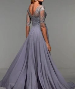 Alyce Paris - 27475 Embroidered V-neck Long Dress - 1 Pc Grey In Size 16 Available