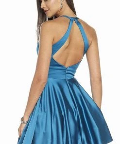 Alyce Paris - 3882 Halter Open Back Fit And Flare Cocktail Dress - 1 Pc Peacock In Size 8 Available