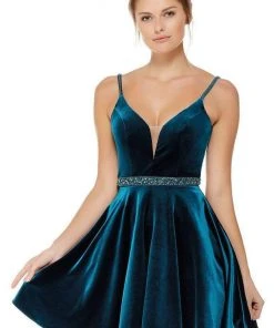 Alyce Paris - 4008 Embellished Deep V-neck Velvet A-line Dress Cocktail Dresses