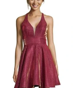 Alyce Paris - 4182 Plunging Neck Iridescent Taffeta Cocktail Dress - 1 Pc Raspberry In Size 20 Available