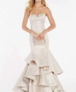 Alyce Paris - 60338 Strapless Sweetheart Neckline Brocade Ruffled Mermaid Gown - 1 Pc Champagne In Size 4 Available Formal Gowns