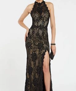 Alyce Paris - 60485 Jeweled Illusion High Halter Lace Slit Gown Formal Gowns