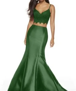 Alyce Paris - 60633 Two-Piece Lace Croptop Silk Mikado Mermaid Gown - 1 Pc Emerald In Size 4 And 1 Pc Wine In Size 0 Available Formal Gowns