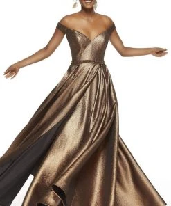 Alyce Paris - 60718 Off The Shoulder V-Neck Metallic Jacquard A-Line Gown - 1 Pc Metallic Purple In Size 16 Available