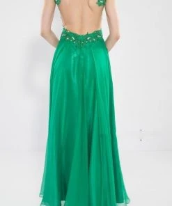 Alyce Paris - 6418 Sleeveless Applique Plunging Gown In Emerald/ Nude Formal Gowns