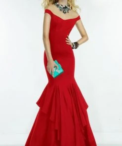Alyce Paris Adorned Illusion Off Shoulder Ruffled Trumpet Gown 2551 - 1 Pc. Red In Size 6 Available Formal Gowns