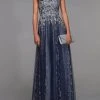 Alyce Paris - Cap Sleeve Floral Glitter Evening Dress 27487 - 1 Pc Navy-Pewter In Size 18 Available Formal Gowns