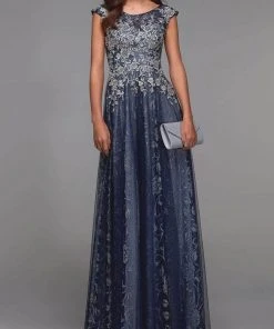 Alyce Paris - Cap Sleeve Floral Glitter Evening Dress 27487 - 1 Pc Navy-Pewter In Size 18 Available Formal Gowns