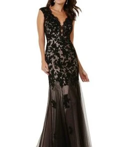 Alyce Paris Lace V-Neck Trumpet Dress In Black-Blush 6753