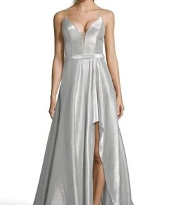 Alyce Paris - Metallic Lame High-Low Gown 60712 - 1 Pc Silver In Size 2 Available
