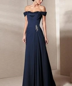 Alyce Paris - Mother Of The Bride - 29300 Draped Off-Shoulder Rhinestone Brooch Accent A-Line Gown - 1 Pc Navy In Size 8 Available Formal Gowns
