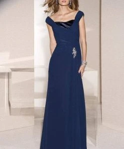 Alyce Paris - Mother Of The Bride - 29300 Draped Off-Shoulder Rhinestone Brooch Accent A-Line Gown - 1 Pc Navy In Size 8 Available Formal Gowns