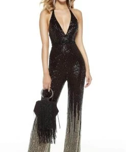 Alyce Paris - Plunging V-Neck Sequin Jumpsuit 60837 - 1 Pc Black-Gold In Size 10 Available Plus Size Dresses