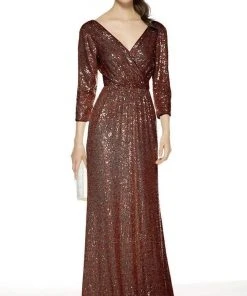 Alyce Paris - Quarter Sleeve Sequined Long Dress 27358 - 1 Pc Wine In Size 14 Available