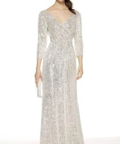 Alyce Paris - Quarter Sleeve Sequined Long Dress 27358 - 1 Pc Wine In Size 14 Available