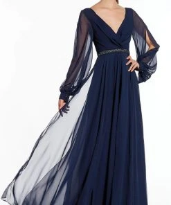 Alyce Paris - Sheer Long Sleeve V-Neck Chiffon Gown 27295