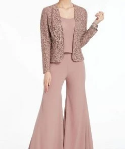 Plus Size Dresses Alyce Paris - Three-Piece Bell Bottom Pantsuit With Lace Jacket 27299 - 1 Pc Charcoal In Size 12 Available