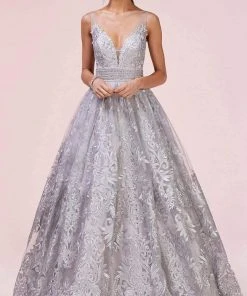 Andrea And Leo - A0620 Embroidered Lace Deep V Neck Ballgown Formal Gowns