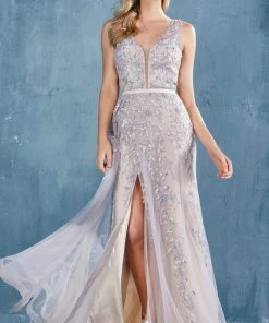 Andrea And Leo - A0817 Applique High Slit Trumpet Dress