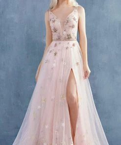 Formal Gowns Andrea And Leo - A0827 Plunging V Neck A-Line Gown With Slit 11 Formal Gowns Andrea And Leo - A0827 Plunging V Neck A-Line Gown With Slit