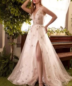 Formal Gowns Andrea And Leo - A0827 Plunging V Neck A-Line Gown With Slit