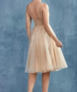 Andrea And Leo - Cocktail Dresses Embellished Deep V Neck A-Line Dress