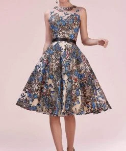 Andrea And Leo - Floral Jewel Neck Cocktail Dress A0578 - 1 Pc Multi In Size 22 Available Cocktail Dresses